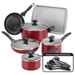 Farberware Dishwasher Safe Nonstick 15-Piece Cookware Set, Red