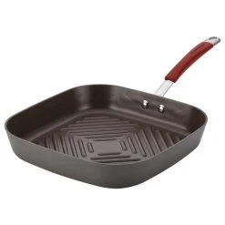 Rachael Ray Cookware Hard-Anodized Nonstick 11" Deep Square Grill Pan, Gray, Cranberry Red Handle