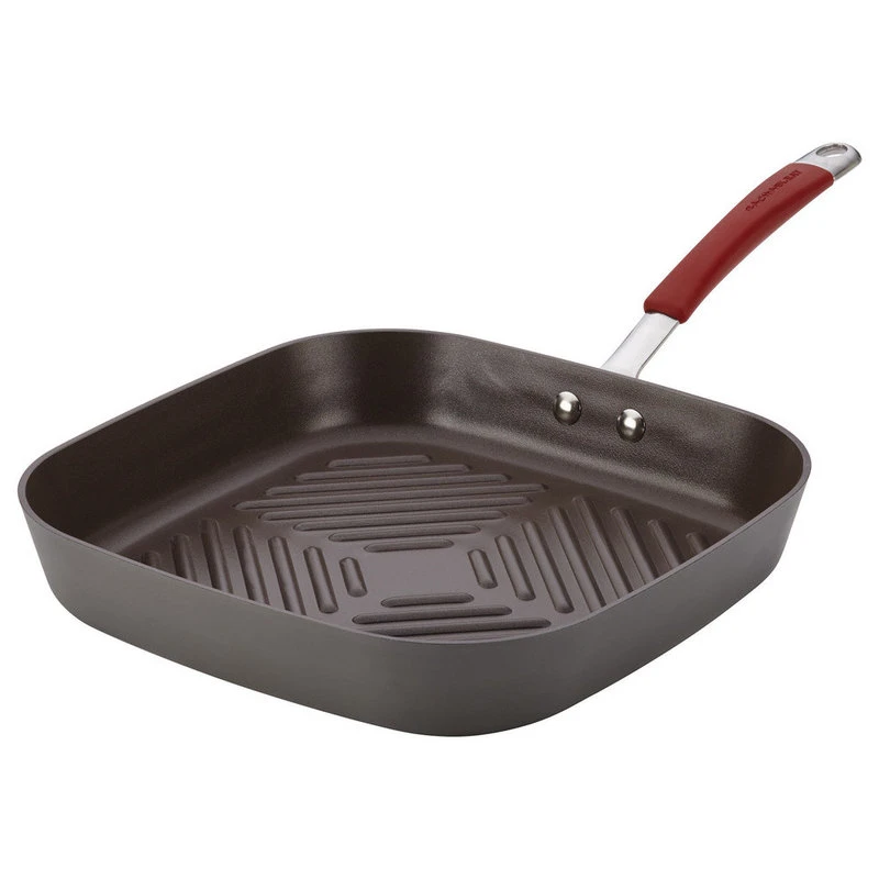 Rachael Ray Cookware Hard-Anodized Nonstick 11" Deep Square Grill Pan, Gray, Cranberry Red Handle
