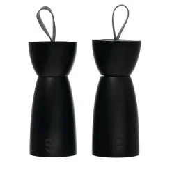 Bloomingville Black Rubber Wood Salt/Pepper Mill With Leather Handle, Set Of 2