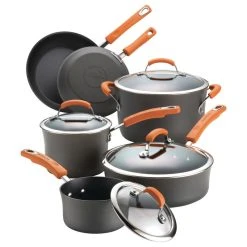 Rachael Ray Cookware Hard-Anodized Nonstick 10-Piece Cookware Set, Gray, Orange Handles