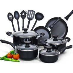 Cook N Home 15 Piece Non Stick Black Soft Handle Cookware Set