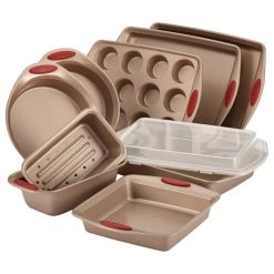 Rachael Ray Cookware Cucina Nonstick Bakeware 10-Piece Set, Latte Brown, Cranberry Red Handle Grips