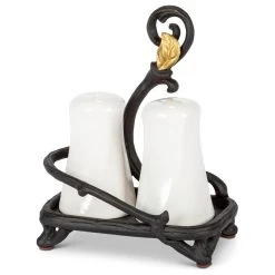 Gerson Company Gold Leaf Salt & Pepper Shakers And Espresso Brown Metal Holder With Gold Leaf