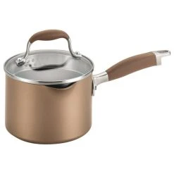 Anolon Bronze Hard-Anodized Nonstick 2-Quart Covered Straining Saucepan, Pour Spouts