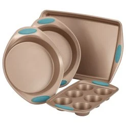 Rachael Ray Cookware Cucina Nonstick Bakeware 4-Piece Set, Latte Brown, Agave Blue Handle Grips