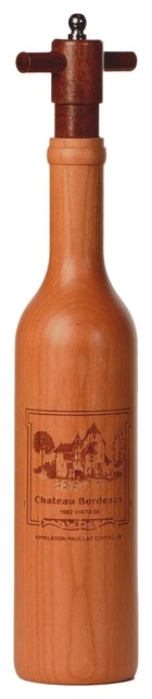 NapaView Engraved Wine Bottle Shaped Pepper Grinder, Cherry Wood, Chateau Bordeaux